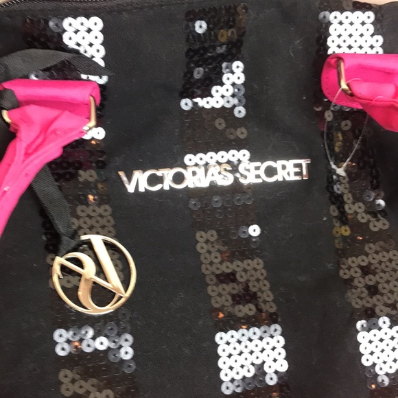 Victoria secrets carryall bag with zipper black sequins and hot pink - Picture 2 of 10